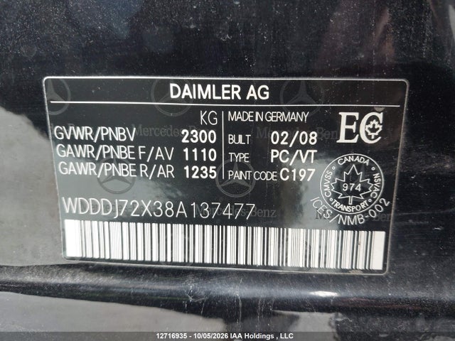 Auction sale of the 2008 Mercedes-benz Cls 550, vin: WDDDJ72X38A137477, lot number: 12716935