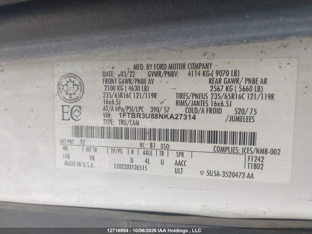 Ford Transit T-250 2022 1FTBR3U88NKA27314 Image 9
