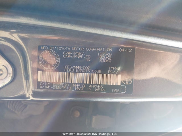 12716957 :رقم المزاد ، JTDKDTB35C1508338 vin ، 2012 Toyota Prius C مزاد بيع