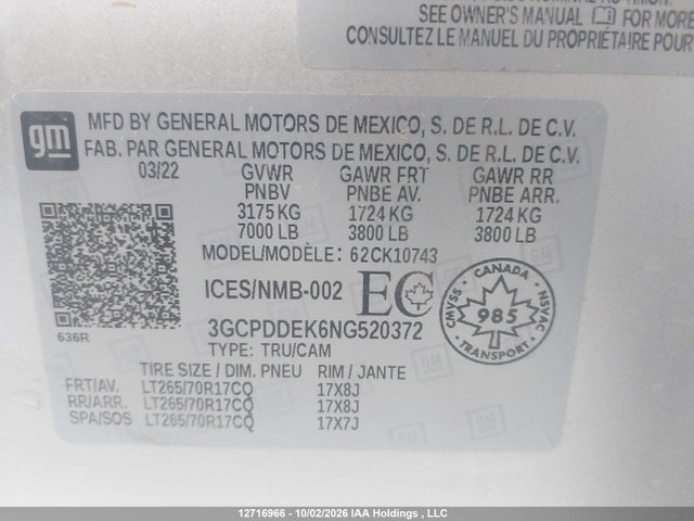 Aukcja sprzedaży 2022 Chevrolet Silverado K1500 Lt, vin: 3GCPDDEK6NG520372, numer aukcji: 12716966