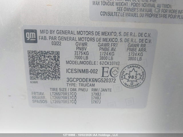 Aukcja sprzedaży 2022 Chevrolet Silverado K1500 Lt, vin: 3GCPDDEK6NG520372, numer aukcji: 12716966