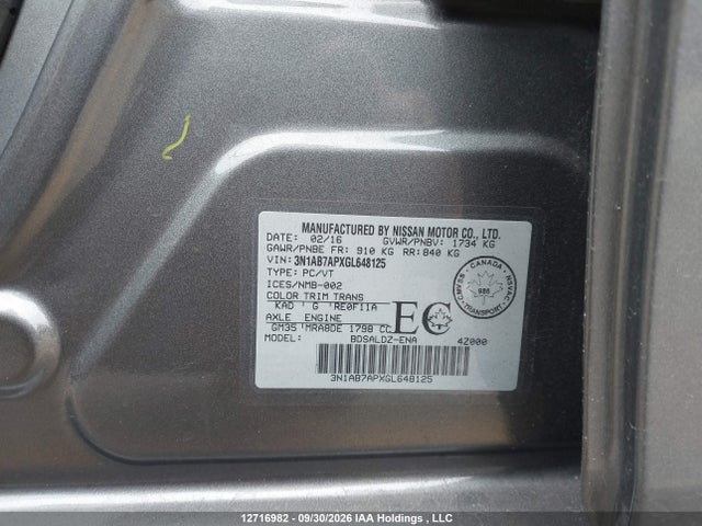3N1AB7APXGL648125 Nissan Sentra 1.8 S/1.8 Sl/1.8 Sr/1.8 Sv