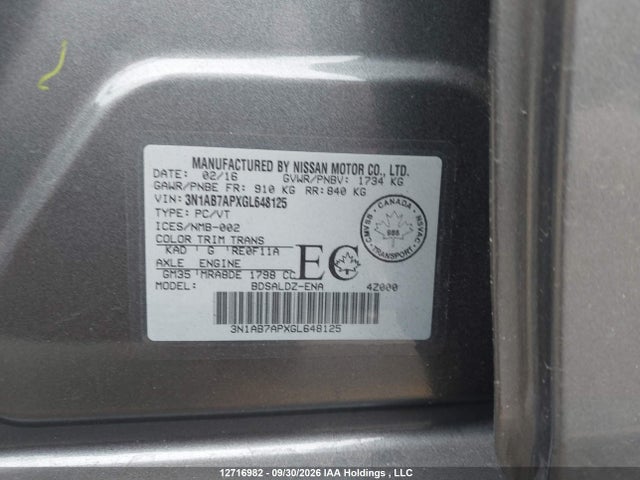 3N1AB7APXGL648125 Nissan Sentra 1.8 S/1.8 Sl/1.8 Sr/1.8 Sv