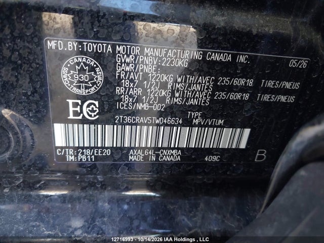 2T36CRAV5TW046634 Toyota Rav4 Le/xle Premium/woodland/se/xse/limited