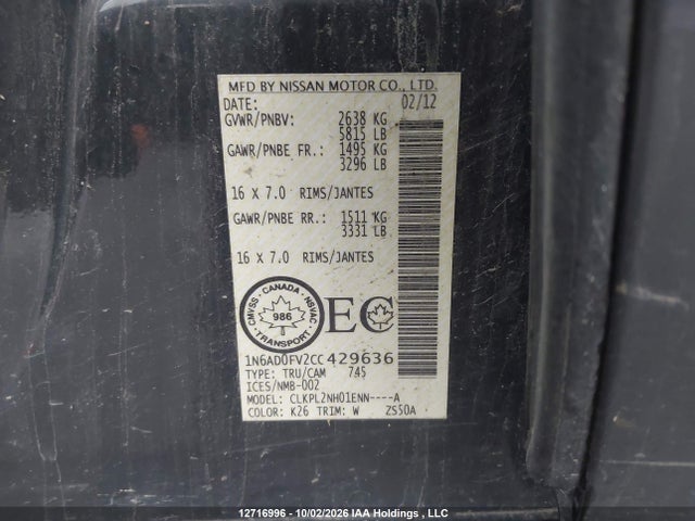 2012 Nissan Frontier Sl/sv მანქანა იყიდება აუქციონზე, vin: 1N6AD0FV2CC429636, აუქციონის ნომერი: 12716996