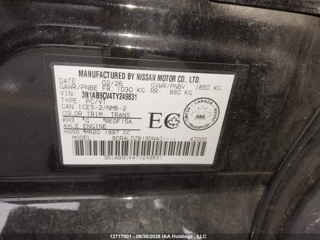 Продаж на аукціоні авто 2026 Nissan Sentra Sv, vin: 3N1AB9CV4TY249831, номер лоту: 12717001