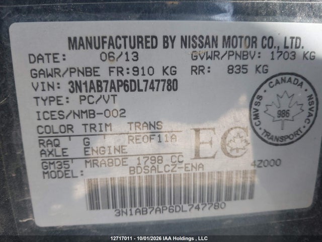 12717011 :رقم المزاد ، 3N1AB7AP6DL747780 vin ، 2013 Nissan Sentra S/sv/sr/sl مزاد بيع
