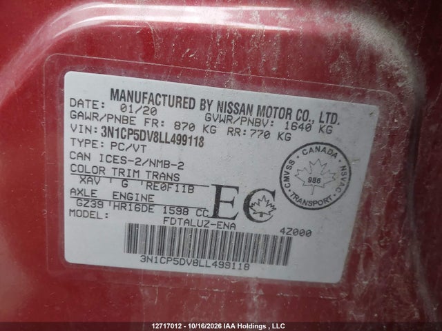 Auction sale of the 2020 Nissan Kicks Sr, vin: 3N1CP5DV8LL499118, lot number: 12717012