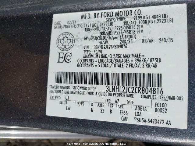 Продажа на аукционе авто 2012 Lincoln Mkz, vin: 3LNHL2JC2CR804816, номер лота: 12717045