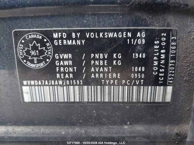 12717060 :رقم المزاد ، WVWDA7AJ8AW201593 vin ، 2010 Volkswagen Golf 2.5l Comfortline/2.5l Highline/2.5l Trendline مزاد بيع