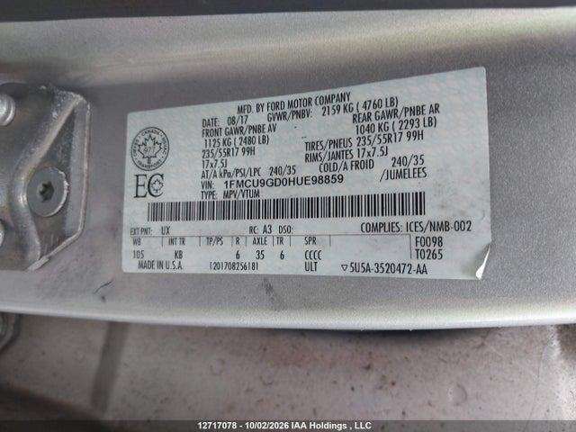 Aukcja sprzedaży 2017 Ford Escape Se, vin: 1FMCU9GD0HUE98859, numer aukcji: 12717078