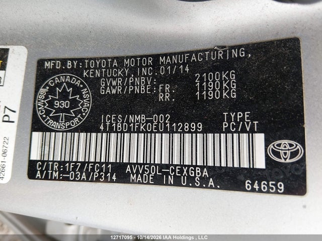 Продаж на аукціоні авто 2014 Toyota Camry Hybrid Xle, vin: 4T1BD1FK0EU112899, номер лоту: 12717095
