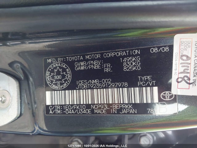 Aukcja sprzedaży 2009 Toyota Yaris, vin: JTDBT923591297978, numer aukcji: 12717098