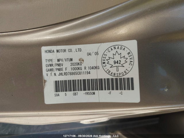 Aukcja sprzedaży 2005 Honda Cr-v Ex, vin: JHLRD78865C811194, numer aukcji: 12717106