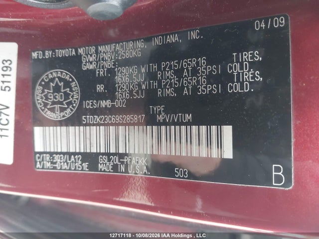 2009 Toyota Sienna Ce/le მანქანა იყიდება აუქციონზე, vin: 5TDZK23C69S285817, აუქციონის ნომერი: 12717118