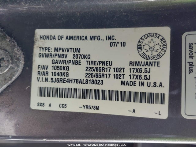 12717125 :رقم المزاد ، 5J6RE4H78AL818023 vin ، 2010 Honda Cr-v Ex-l مزاد بيع