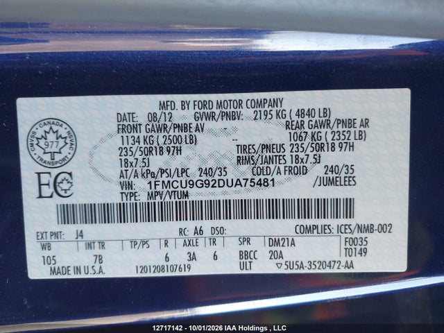 Продаж на аукціоні авто 2013 Ford Escape Se, vin: 1FMCU9G92DUA75481, номер лоту: 12717142