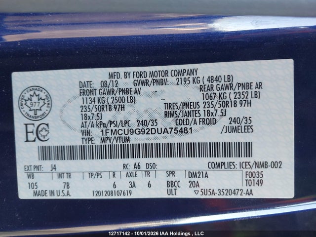 Продаж на аукціоні авто 2013 Ford Escape Se, vin: 1FMCU9G92DUA75481, номер лоту: 12717142