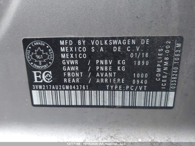 Продажа на аукционе авто 2016 Volkswagen Golf S/se/sel, vin: 3VW217AU2GM043761, номер лота: 12717148