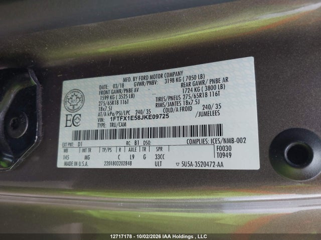 2018 Ford F-150 Xlt მანქანა იყიდება აუქციონზე, vin: 1FTFX1E58JKE09725, აუქციონის ნომერი: 12717178
