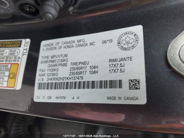 2HKRW2H21KH137476 Honda CR-V LX