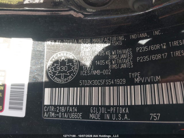 Aukcja sprzedaży 2015 Toyota Sienna 7 Passenger, vin: 5TDZK3DC5FS541929, numer aukcji: 12717188