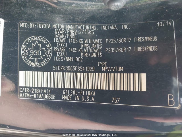 Aukcja sprzedaży 2015 Toyota Sienna 7 Passenger, vin: 5TDZK3DC5FS541929, numer aukcji: 12717188