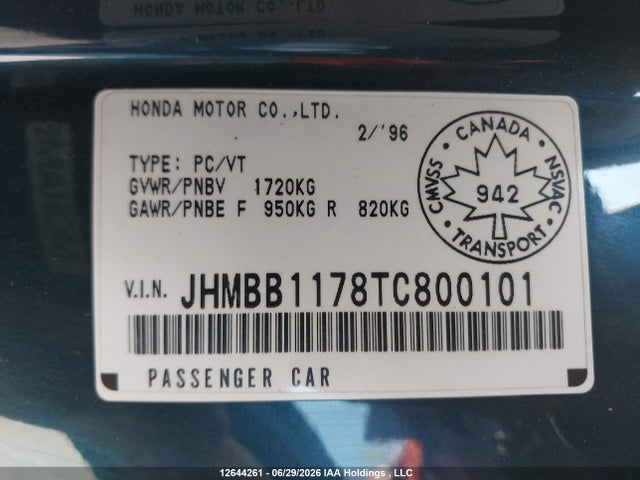 Aukcja sprzedaży 1996 Honda Prelude Sr-v, vin: JHMBB1178TC800101, numer aukcji: 12644261