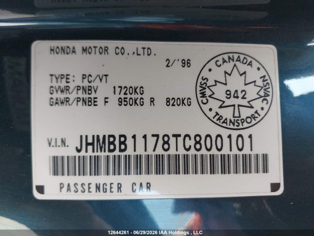Aukcja sprzedaży 1996 Honda Prelude Sr-v, vin: JHMBB1178TC800101, numer aukcji: 12644261