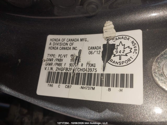 2012 Honda Civic Lx მანქანა იყიდება აუქციონზე, vin: 2HGFB2F40CH043975, აუქციონის ნომერი: 12717204