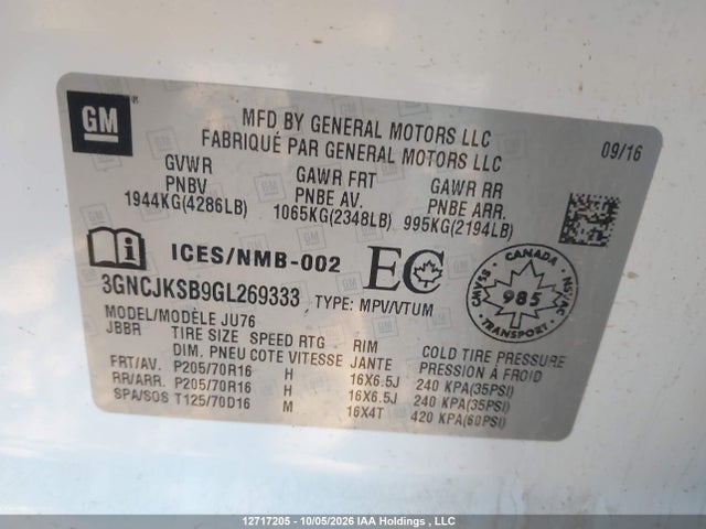 Продаж на аукціоні авто 2016 Chevrolet Trax Ls, vin: 3GNCJKSB9GL269333, номер лоту: 12717205
