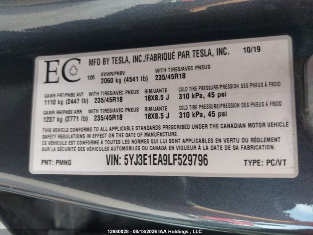 2020 Tesla Model 3 Standard Range Plus მანქანა იყიდება აუქციონზე, vin: 5YJ3E1EA9LF529796, აუქციონის ნომერი: 12680028