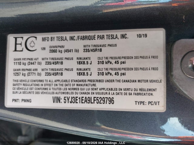 2020 Tesla Model 3 Standard Range Plus მანქანა იყიდება აუქციონზე, vin: 5YJ3E1EA9LF529796, აუქციონის ნომერი: 12680028