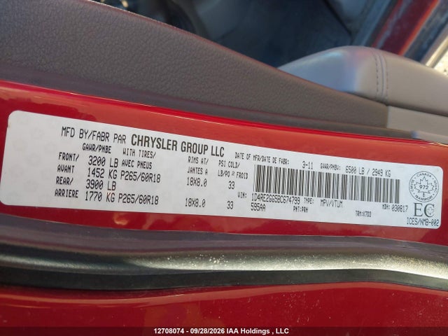 12708074 :رقم المزاد ، 1D4RE2GG5BC674799 vin ، 2011 Dodge Durango Sxt مزاد بيع