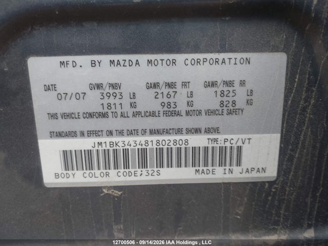 Auction sale of the 2008 Mazda Mazda3 Gs/gt, vin: JM1BK343481802808, lot number: 12700506