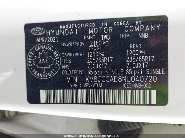 Продажа на аукционе авто 2022 Hyundai Tucson Preferred Awd With Trend Package, vin: KM8JCCAE8NU040720, номер лота: 12701532