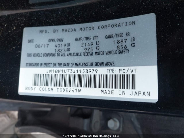 12717218 :رقم المزاد ، JM1BN1U73J1158979 vin ، 2018 Mazda Mazda3 Gx مزاد بيع