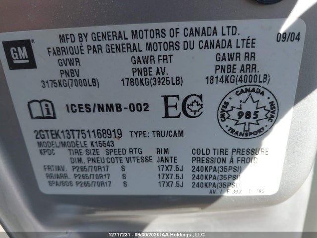 Продаж на аукціоні авто 2005 Gmc New Sierra K1500, vin: 2GTEK13T751168919, номер лоту: 12717231