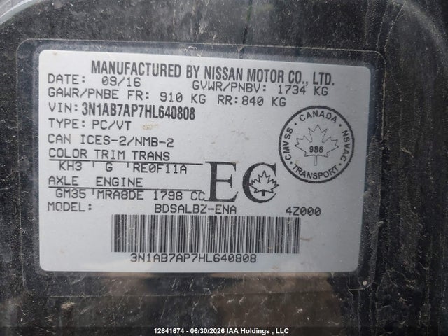 12641674 :رقم المزاد ، 3N1AB7AP7HL640808 vin ، 2017 Nissan Sentra 1.8 S/1.8 Sl/1.8 Sv مزاد بيع