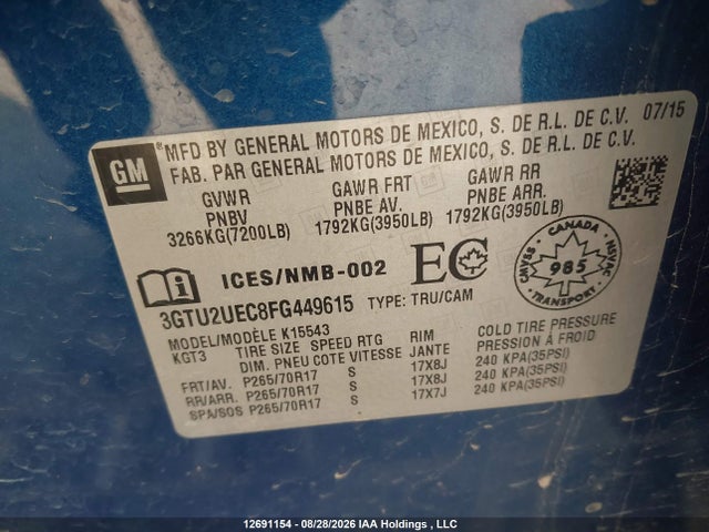 2015 Gmc Sierra 1500 Sle მანქანა იყიდება აუქციონზე, vin: 3GTU2UEC8FG449615, აუქციონის ნომერი: 12691154