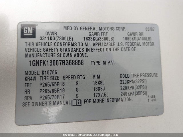 12710056 :رقم المزاد ، 1GNFK13007R368858 vin ، 2007 Chevrolet Tahoe Lt مزاد بيع