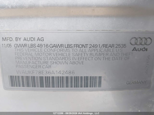 Aukcja sprzedaży 2006 Audi A4 2.0t, vin: WAUKF78E36A142486, numer aukcji: 12712258