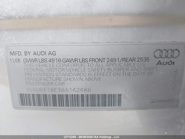 Aukcja sprzedaży 2006 Audi A4 2.0t, vin: WAUKF78E36A142486, numer aukcji: 12712258