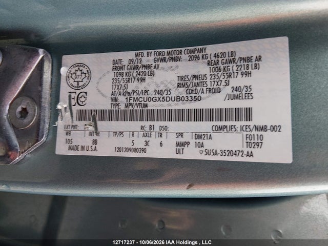 12717237 :رقم المزاد ، 1FMCU0GX5DUB03350 vin ، 2013 Ford Escape Se مزاد بيع