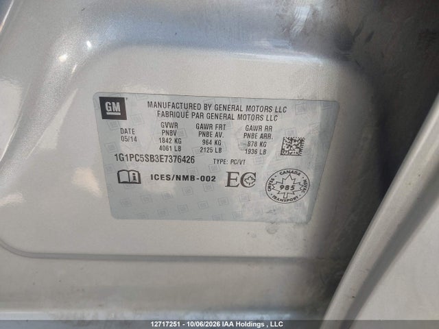 Aukcja sprzedaży 2014 Chevrolet Cruze Lt, vin: 1G1PC5SB3E7376426, numer aukcji: 12717251