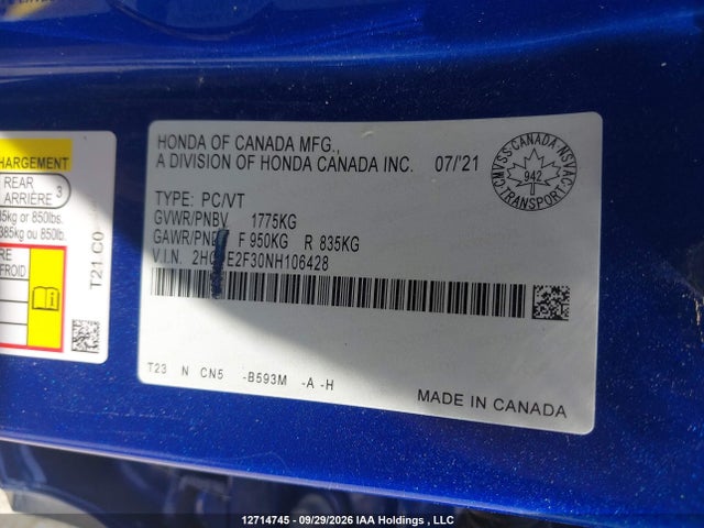 Продаж на аукціоні авто 2022 Honda Civic Ex, vin: 2HGFE2F30NH106428, номер лоту: 12714745