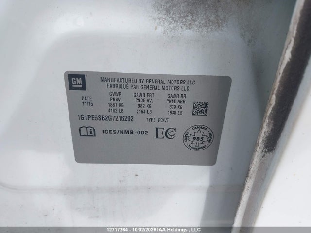 Продажа на аукционе авто 2016 Chevrolet Cruze Limited Lt, vin: 1G1PE5SB2G7216292, номер лота: 12717264