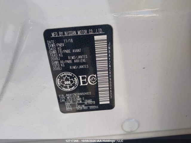 Продажа на аукционе авто 2017 Nissan Armada Platinum/sl, vin: JN8AY2NC8H9504822, номер лота: 12717265