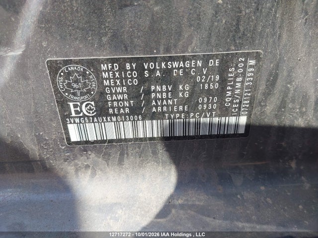 3VWG57AUXKM013006 Volkswagen GOLF S/SE