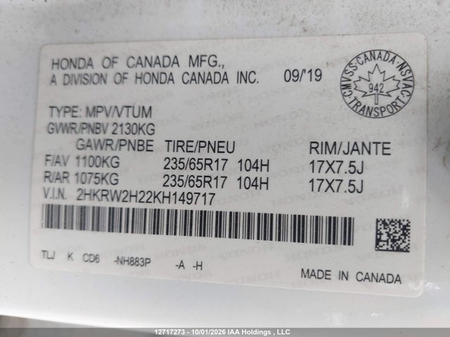 2019 Honda Cr-v Lx მანქანა იყიდება აუქციონზე, vin: 2HKRW2H22KH149717, აუქციონის ნომერი: 12717273